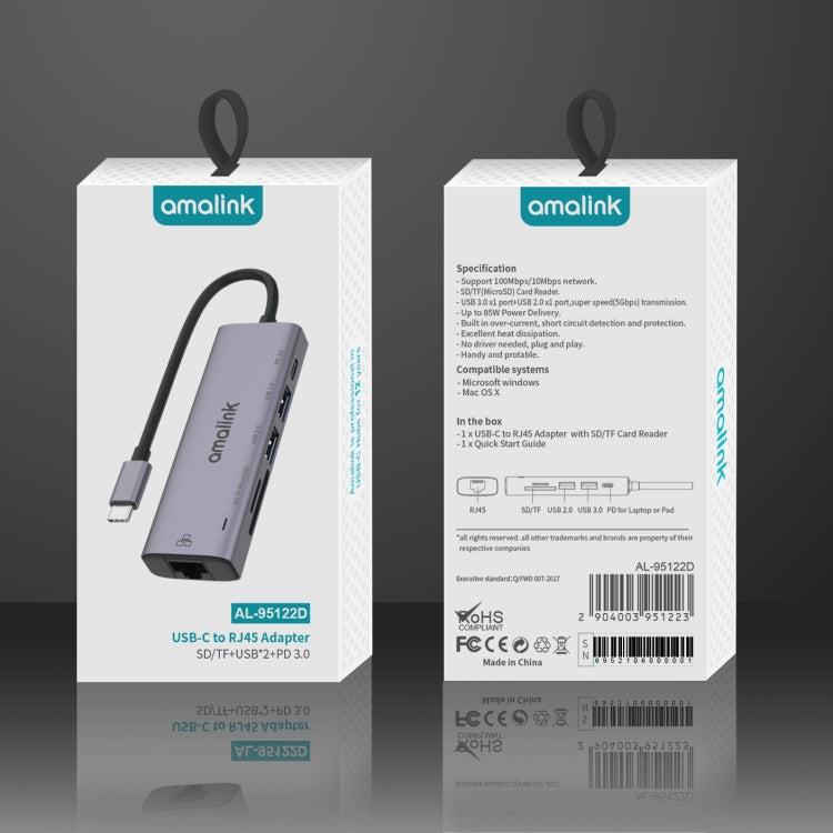 amalink 95122D Typ-C / USB-C auf RJ45 + 2 Ports USB + PD 3.0 Multifunktions-HUB, 95122D