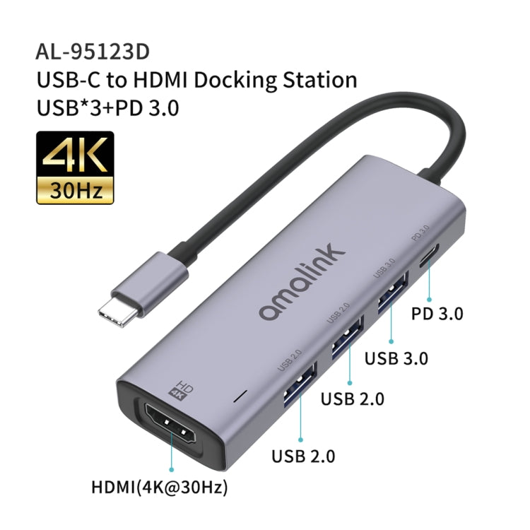 amalink 95123D Type-C / USB-C to HDMI + 3 Ports USB + PD 3.0 Multi-function HUB, 95123D