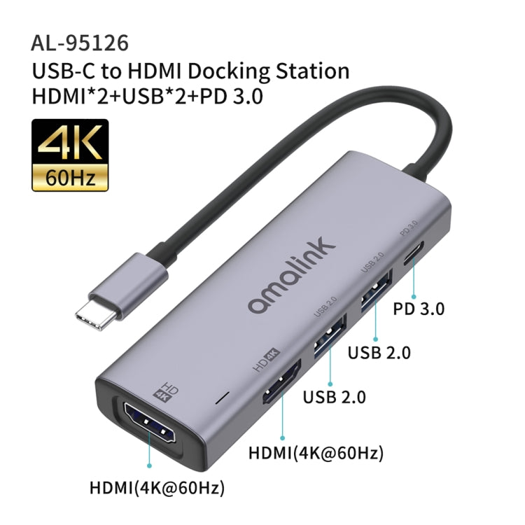 amalink 95126 Type-C / USB-C to Dual HDMI + 2 Ports USB + PD 3.0 Multi-function HUB, 95126