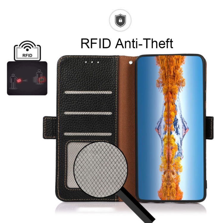 KHAZNEH Side-Magnetic Litchi Genuine Leather RFID Phone Case, For Samsung Galaxy A03 166mm Version, For Samsung Galaxy A03s 164mm Version, For Samsung Galaxy A13 4G, For Samsung Galaxy A13 5G, For Samsung Galaxy A33 5G, For Samsung Galaxy A53 5G