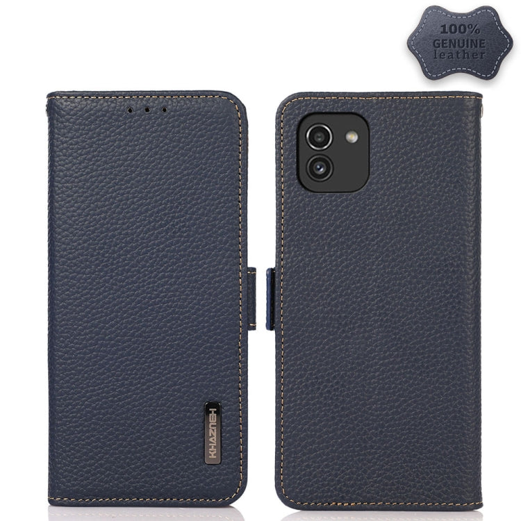 KHAZNEH Side-Magnetic Litchi Genuine Leather RFID Phone Case, For Samsung Galaxy A03 166mm Version, For Samsung Galaxy A03s 164mm Version, For Samsung Galaxy A13 4G, For Samsung Galaxy A13 5G, For Samsung Galaxy A33 5G, For Samsung Galaxy A53 5G