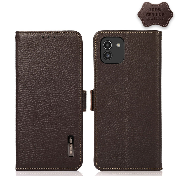 KHAZNEH Side-Magnetic Litchi Genuine Leather RFID Phone Case, For Samsung Galaxy A03 166mm Version, For Samsung Galaxy A03s 164mm Version, For Samsung Galaxy A13 4G, For Samsung Galaxy A13 5G, For Samsung Galaxy A33 5G, For Samsung Galaxy A53 5G