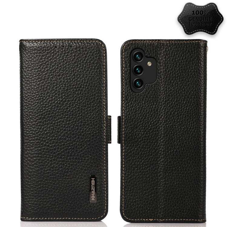 KHAZNEH Side-Magnetic Litchi Genuine Leather RFID Phone Case, For Samsung Galaxy A03 166mm Version, For Samsung Galaxy A03s 164mm Version, For Samsung Galaxy A13 4G, For Samsung Galaxy A13 5G, For Samsung Galaxy A33 5G, For Samsung Galaxy A53 5G