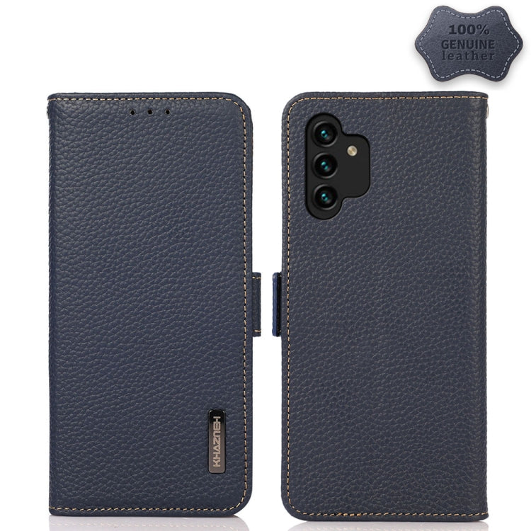 KHAZNEH Side-Magnetic Litchi Genuine Leather RFID Phone Case, For Samsung Galaxy A03 166mm Version, For Samsung Galaxy A03s 164mm Version, For Samsung Galaxy A13 4G, For Samsung Galaxy A13 5G, For Samsung Galaxy A33 5G, For Samsung Galaxy A53 5G