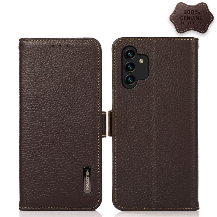 KHAZNEH Side-Magnetic Litchi Genuine Leather RFID Phone Case, For Samsung Galaxy A03 166mm Version, For Samsung Galaxy A03s 164mm Version, For Samsung Galaxy A13 4G, For Samsung Galaxy A13 5G, For Samsung Galaxy A33 5G, For Samsung Galaxy A53 5G