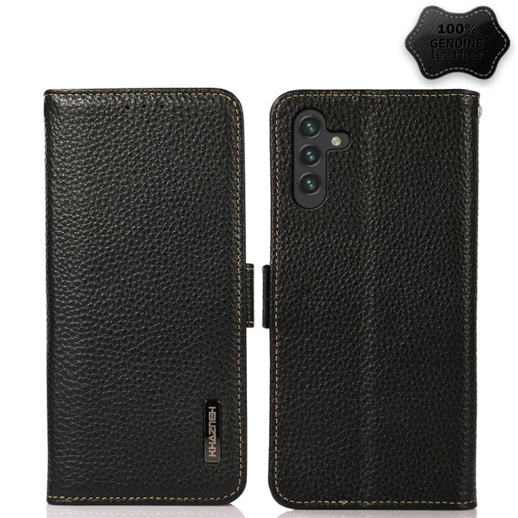 KHAZNEH Side-Magnetic Litchi Genuine Leather RFID Phone Case, For Samsung Galaxy A03 166mm Version, For Samsung Galaxy A03s 164mm Version, For Samsung Galaxy A13 4G, For Samsung Galaxy A13 5G, For Samsung Galaxy A33 5G, For Samsung Galaxy A53 5G