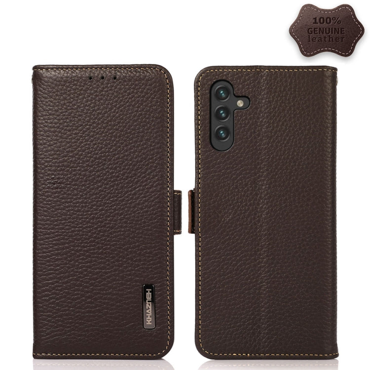 KHAZNEH Side-Magnetic Litchi Genuine Leather RFID Phone Case, For Samsung Galaxy A03 166mm Version, For Samsung Galaxy A03s 164mm Version, For Samsung Galaxy A13 4G, For Samsung Galaxy A13 5G, For Samsung Galaxy A33 5G, For Samsung Galaxy A53 5G