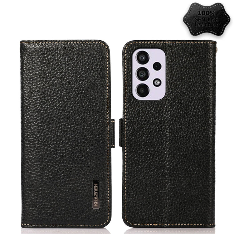 KHAZNEH Side-Magnetic Litchi Genuine Leather RFID Phone Case, For Samsung Galaxy A03 166mm Version, For Samsung Galaxy A03s 164mm Version, For Samsung Galaxy A13 4G, For Samsung Galaxy A13 5G, For Samsung Galaxy A33 5G, For Samsung Galaxy A53 5G