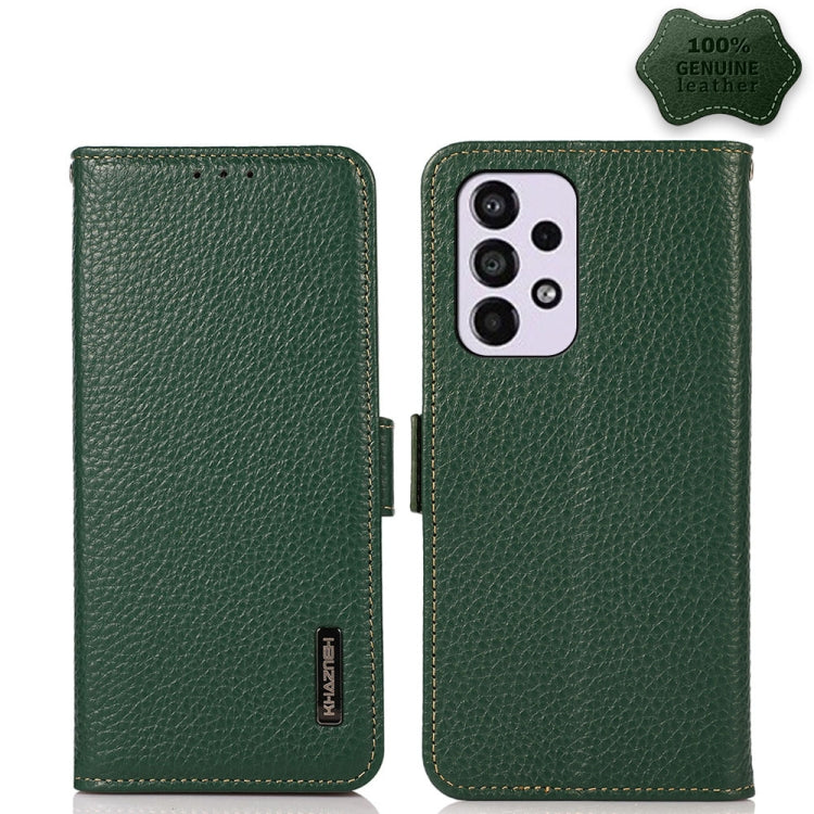 KHAZNEH Side-Magnetic Litchi Genuine Leather RFID Phone Case, For Samsung Galaxy A03 166mm Version, For Samsung Galaxy A03s 164mm Version, For Samsung Galaxy A13 4G, For Samsung Galaxy A13 5G, For Samsung Galaxy A33 5G, For Samsung Galaxy A53 5G