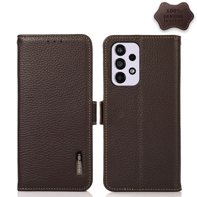 KHAZNEH Side-Magnetic Litchi Genuine Leather RFID Phone Case, For Samsung Galaxy A03 166mm Version, For Samsung Galaxy A03s 164mm Version, For Samsung Galaxy A13 4G, For Samsung Galaxy A13 5G, For Samsung Galaxy A33 5G, For Samsung Galaxy A53 5G