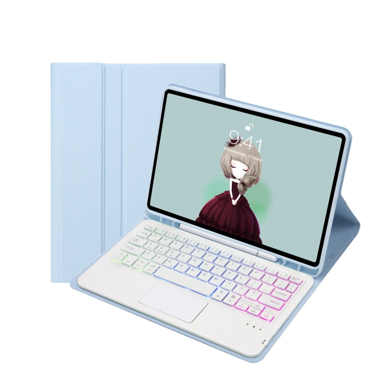 T098B-AS Skin Feel Pen Slot Touch Pad Backlight Bluetooth Keyboard Leather Tablet Case For iPad Air 4 10.9 2020 / Air 5 10.9 2022 (Sky Blue)