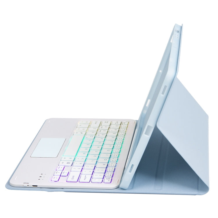 T098B-AS Skin Feel Pen Slot Touch Pad Backlight Bluetooth Keyboard Leather Tablet Case For iPad Air 4 10.9 2020 / Air 5 10.9 2022 (Sky Blue)