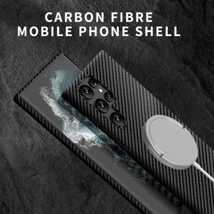 For Samsung Galaxy S22 Ultra 5G Carbon Fiber Texture MagSafe Magnetic Phone Case(Black Silver)