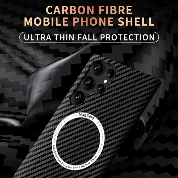 For Samsung Galaxy S22 Ultra 5G Carbon Fiber Texture MagSafe Magnetic Phone Case(Black Silver)