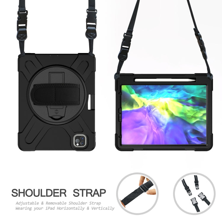360 Degree Rotation Silicone Protective Cover with Holder & Hand Strap & Long Strap & Pencil Slot For iPad Air 10.9 / Pro 11 2021 / 2020 / 2018(Black)