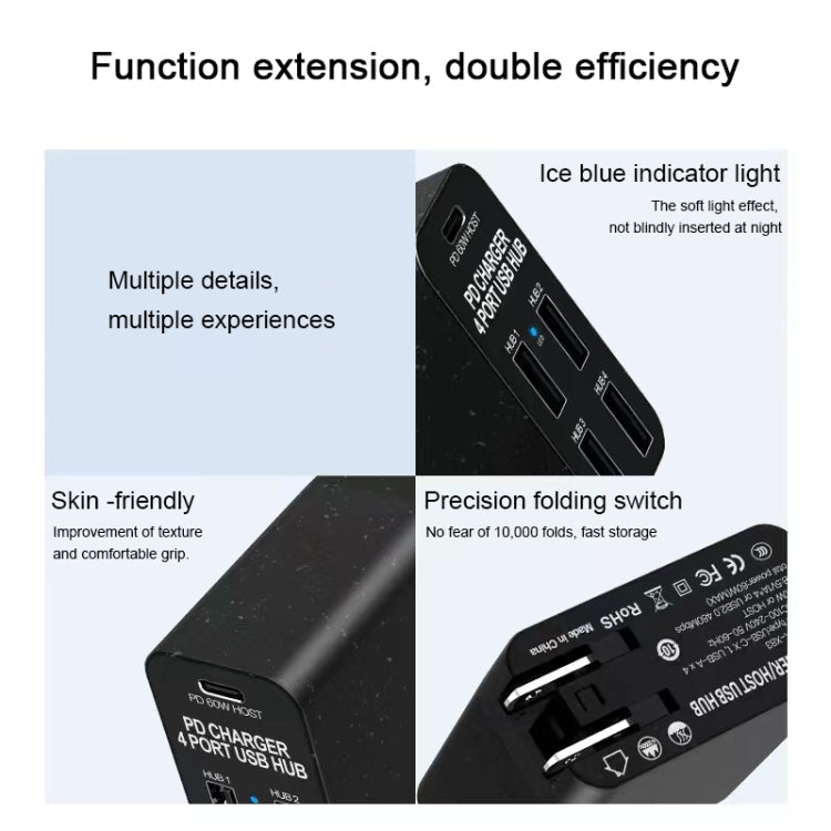 X83 65W Ausgang USB-C / Typ-C + 4 Anschlüsse USB HUB PD Ladegerät, US Stecker, X83