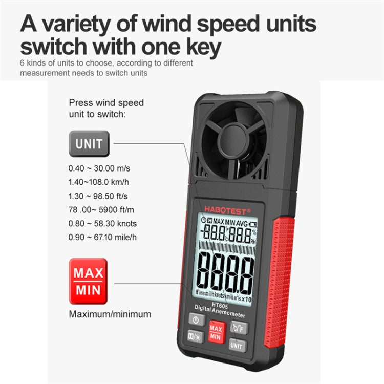 HABOTEST HT605 Portable Intelligent Digital Display Handheld Wind Speed Tester, HT605