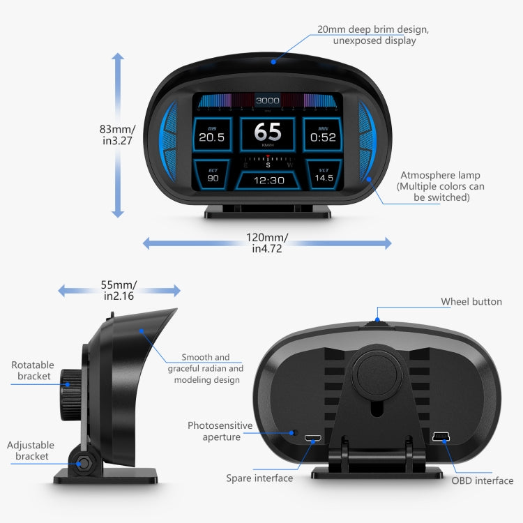 P2 3 inch Multi-function HD OBD LCD Instrument GPS Car Speed Slope Meter HUD Head-up Display, P2