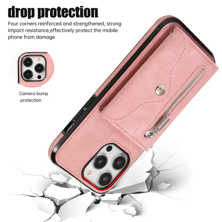 Zipper RFID Card Slot Phone Case with Short Lanyard, For iPhone 14, For iPhone 14 Plus, For iPhone 14 Pro, For iPhone 14 Pro Max