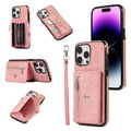 Zipper RFID Card Slot Phone Case with Short Lanyard, For iPhone 14, For iPhone 14 Plus, For iPhone 14 Pro, For iPhone 14 Pro Max