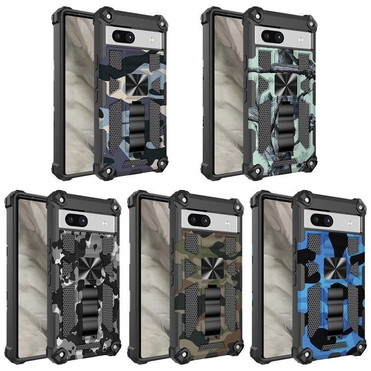 For Google Pixel 7a Camouflage Armor Kickstand TPU  PC Magnetic Phone Case(Navy Blue)