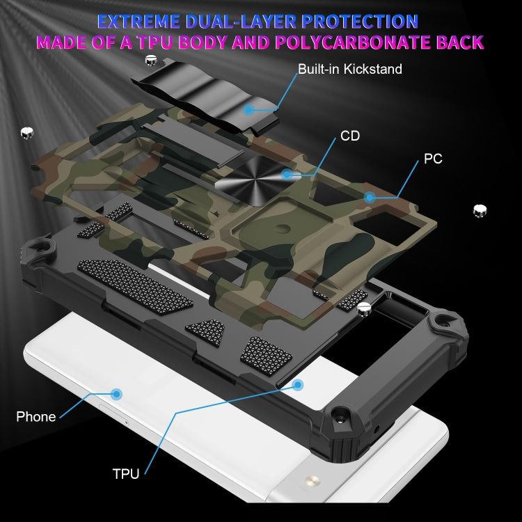 For Google Pixel 7a Camouflage Armor Kickstand TPU  PC Magnetic Phone Case(Blue)
