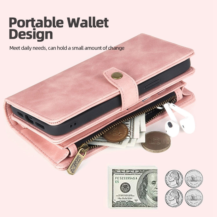 For iPhone 14 Zipper Wallet Magnetic Detachable Leather Phone Case(Pink)