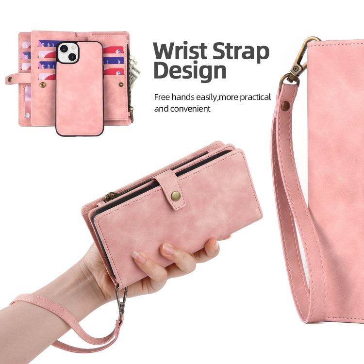 For iPhone 14 Zipper Wallet Magnetic Detachable Leather Phone Case(Pink)