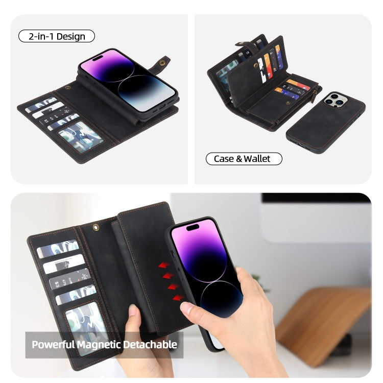 For iPhone 14 Pro Zipper Wallet Magnetic Detachable Leather Phone Case(Black)