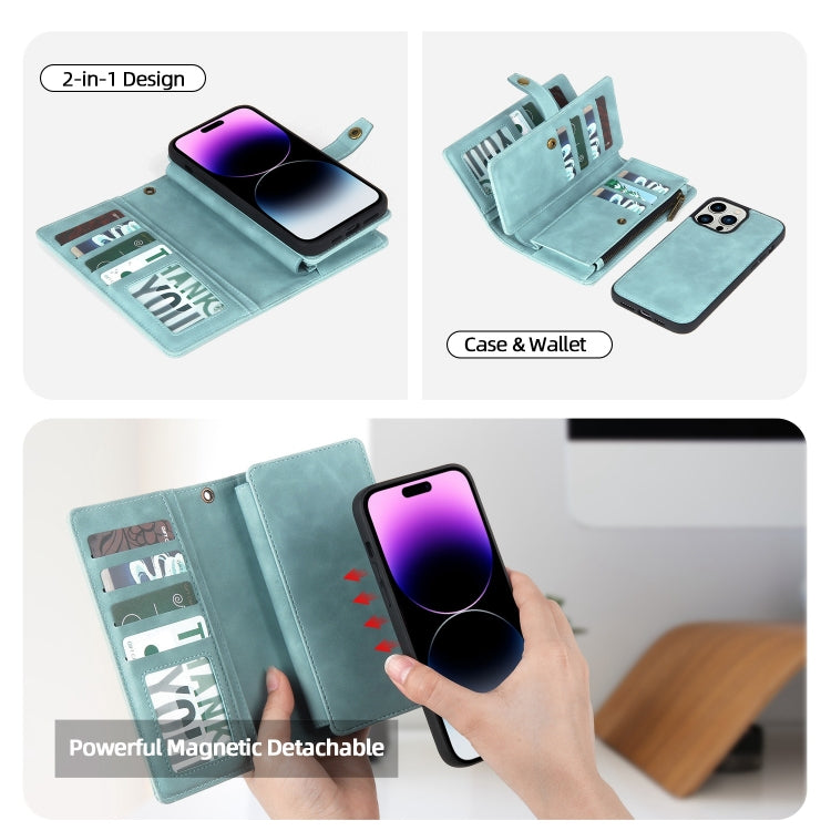 For iPhone 14 Pro Zipper Wallet Magnetic Detachable Leather Phone Case(Blue)