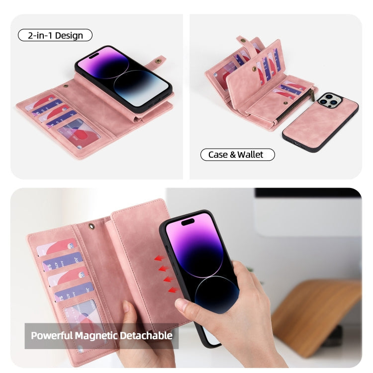 For iPhone 14 Pro Max Zipper Wallet Magnetic Detachable Leather Phone Case(Pink)
