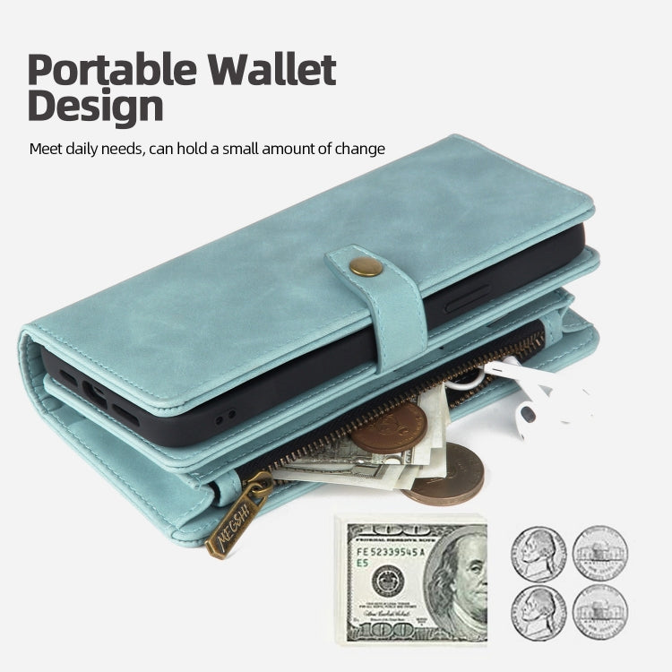 For iPhone 14 Pro Max Zipper Wallet Magnetic Detachable Leather Phone Case(Blue)