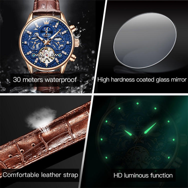 OLEVS 6658 Men Luminous Waterproof Leather Strap Mechanical Watch