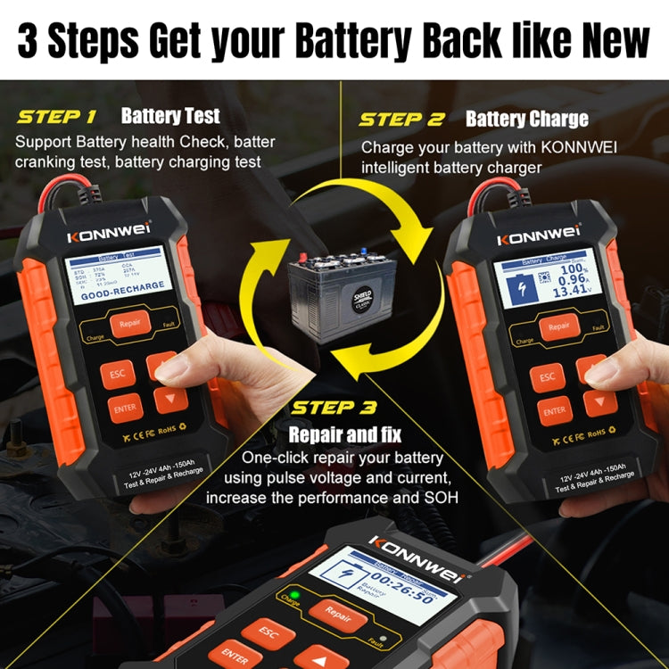 KONNWEI KW520 12V / 24V 3 in 1 Car Battery Tester with Detection & Repair & Charging Function, KW520