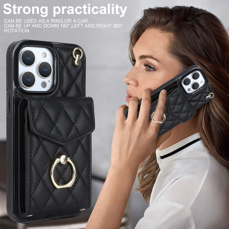 Rhombic Texture Card Bag Phone Case with Long Lanyard, For iPhone 14 Pro Max, For iPhone 13 Pro Max, For iPhone 13 Pro
