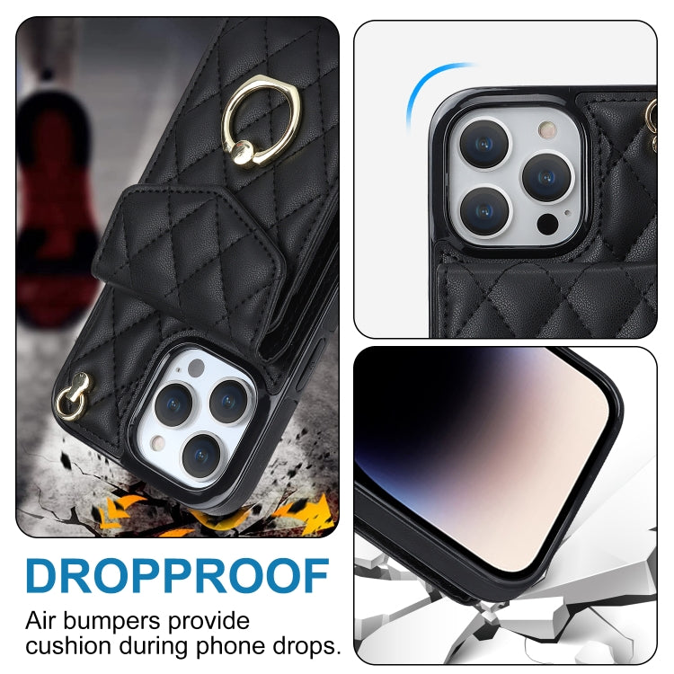 Rhombic Texture Card Bag Phone Case with Long Lanyard, For iPhone 14 Pro Max, For iPhone 13 Pro Max, For iPhone 13 Pro