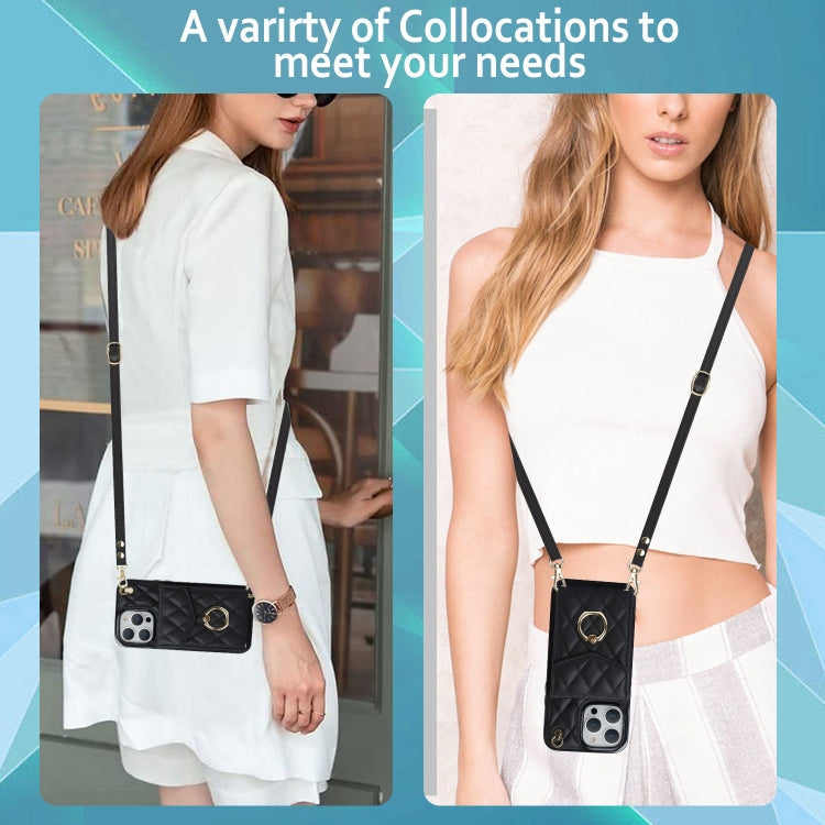 Rhombic Texture Card Bag Phone Case with Long Lanyard, For iPhone 14 Pro Max, For iPhone 13 Pro Max, For iPhone 13 Pro