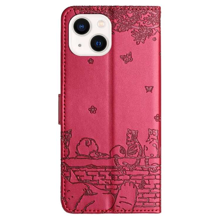 Cat Embossing Pattern Leather Phone Case with Lanyard, For iPhone 15, For iPhone 14 Plus, For iPhone 14, For iPhone 14 Pro