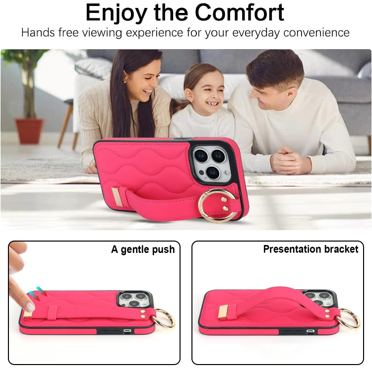 For iPhone 13 Pro Max Non-slip Full Coverage Ring PU Phone Case with Wristband(Rose Red)