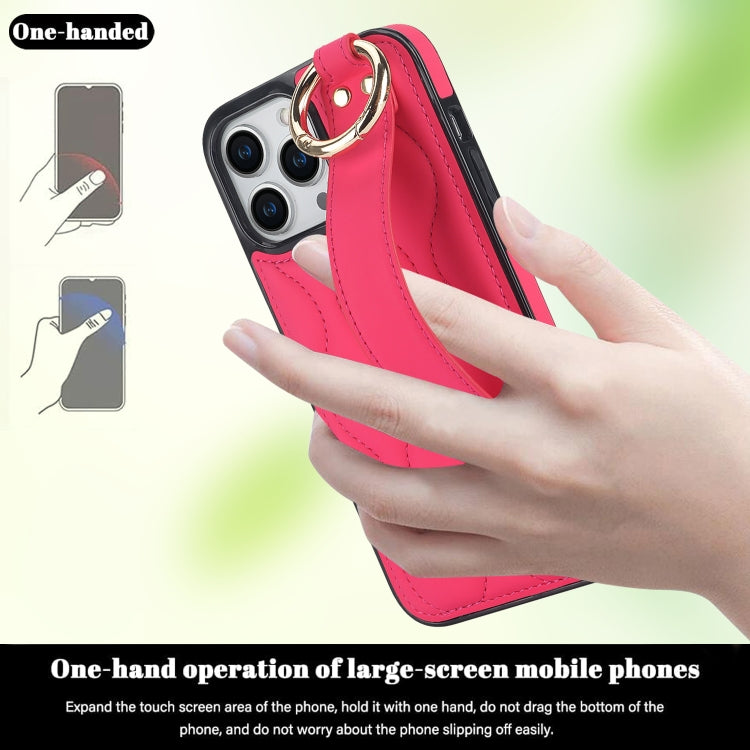 For iPhone 13 Pro Max Non-slip Full Coverage Ring PU Phone Case with Wristband(Rose Red)