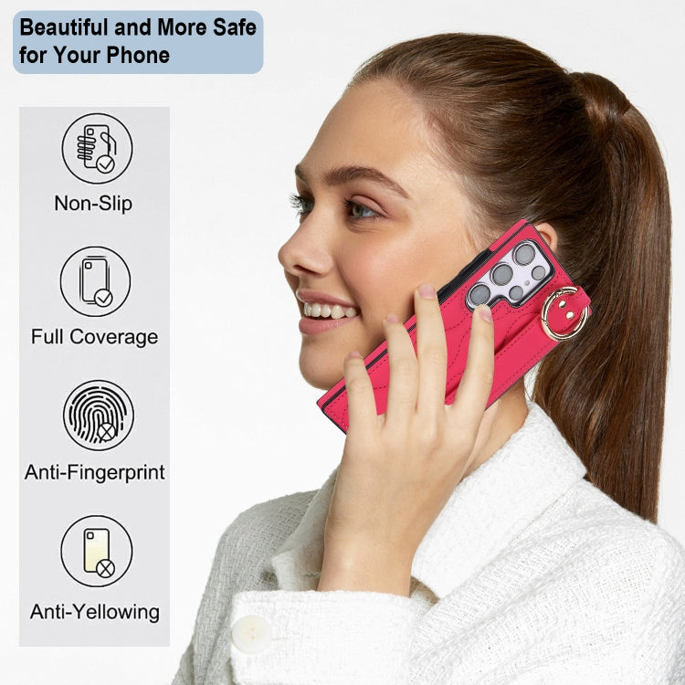 For Samsung Galaxy S23 Ultra Non-slip Full Coverage Ring PU Phone Case with Wristband(Rose Red)