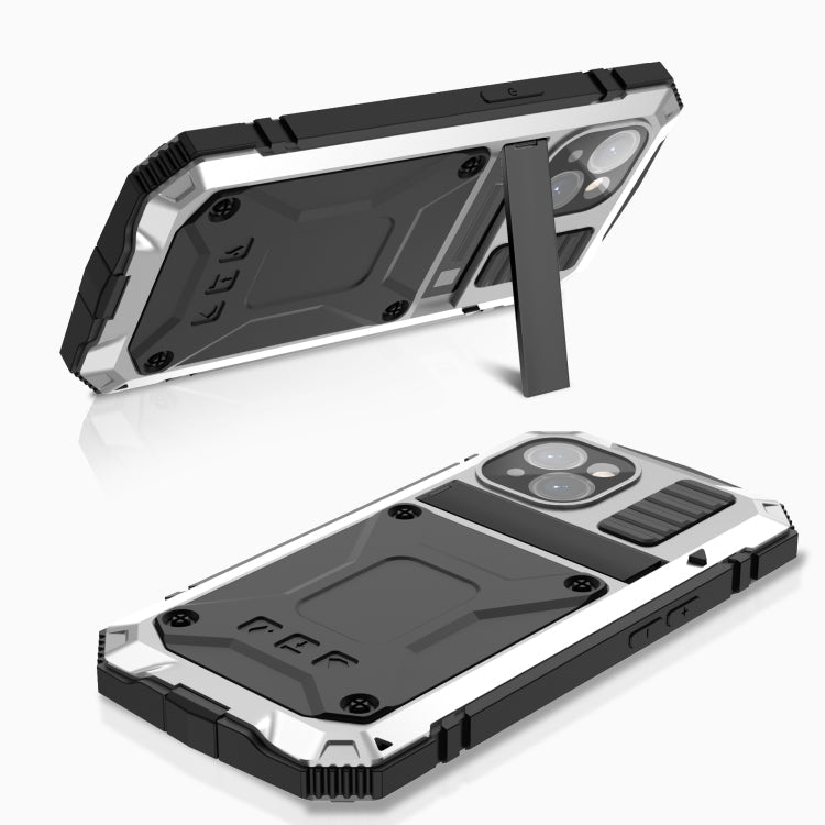 For iPhone 15 R-JUST Shockproof Life Waterproof Dust-proof Metal + Silicone Phone Case with Holder(Silver)