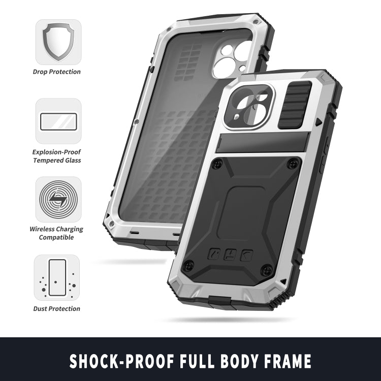 For iPhone 15 R-JUST Shockproof Life Waterproof Dust-proof Metal + Silicone Phone Case with Holder(Silver)