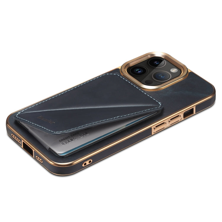 For iPhone 12 Pro Max Denior Oil Wax Leather Electroplating Card Slot Holder Phone Case(Blue)