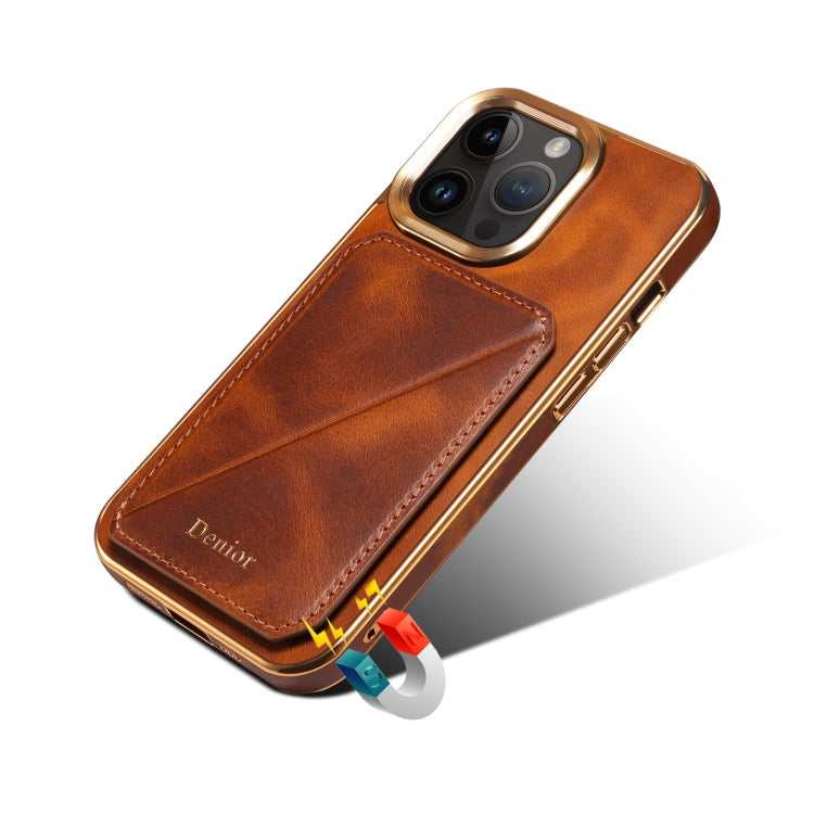 For iPhone 13 Denior Oil Wax Leather Electroplating Card Slot Holder Phone Case(Brown)