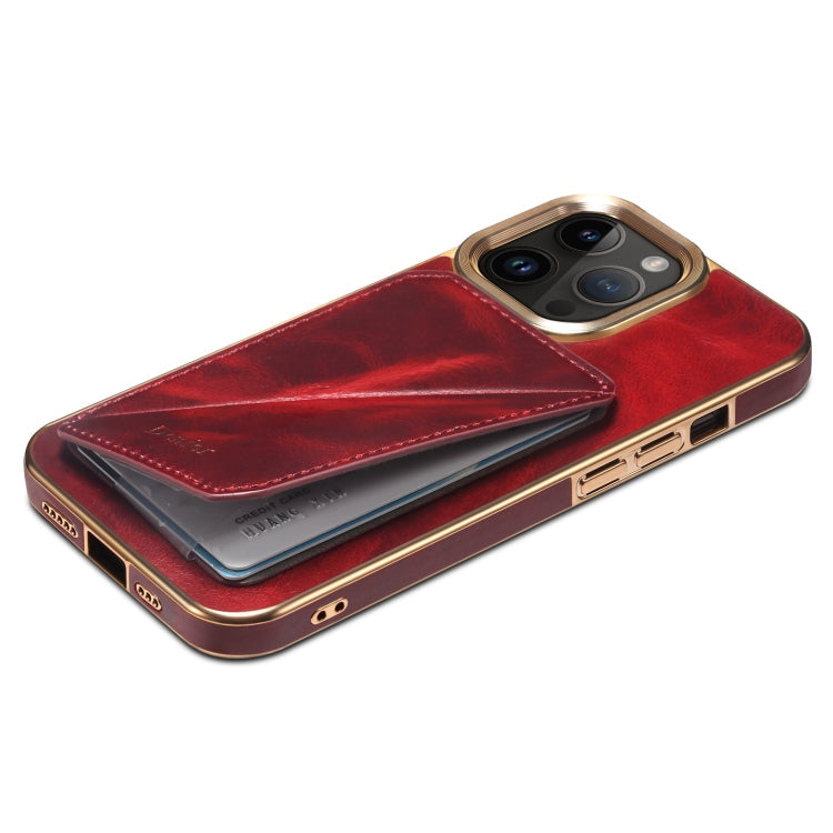 For iPhone 14 Pro Max Denior Oil Wax Leather Electroplating Card Slot Holder Phone Case(Red)