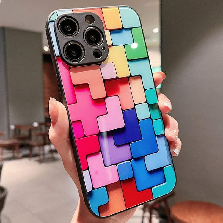 For iPhone 11 Colorful Toy Bricks Pattern Shockproof Glass Phone Case(Black)