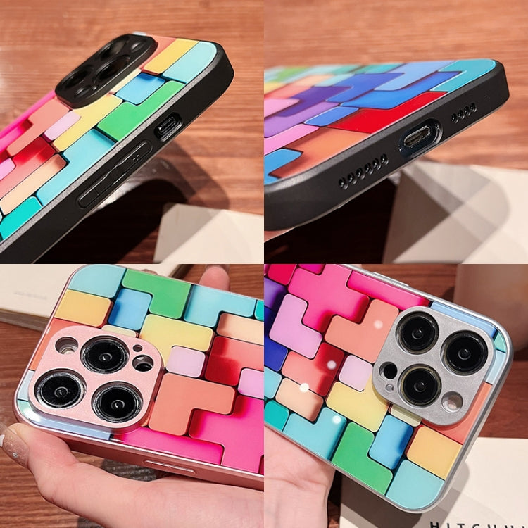 For iPhone 13 Pro Max Colorful Toy Bricks Pattern Shockproof Glass Phone Case(Silver)