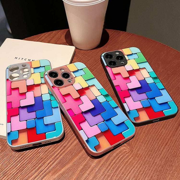 For iPhone 12 Pro Max Colorful Toy Bricks Pattern Shockproof Glass Phone Case(Silver)
