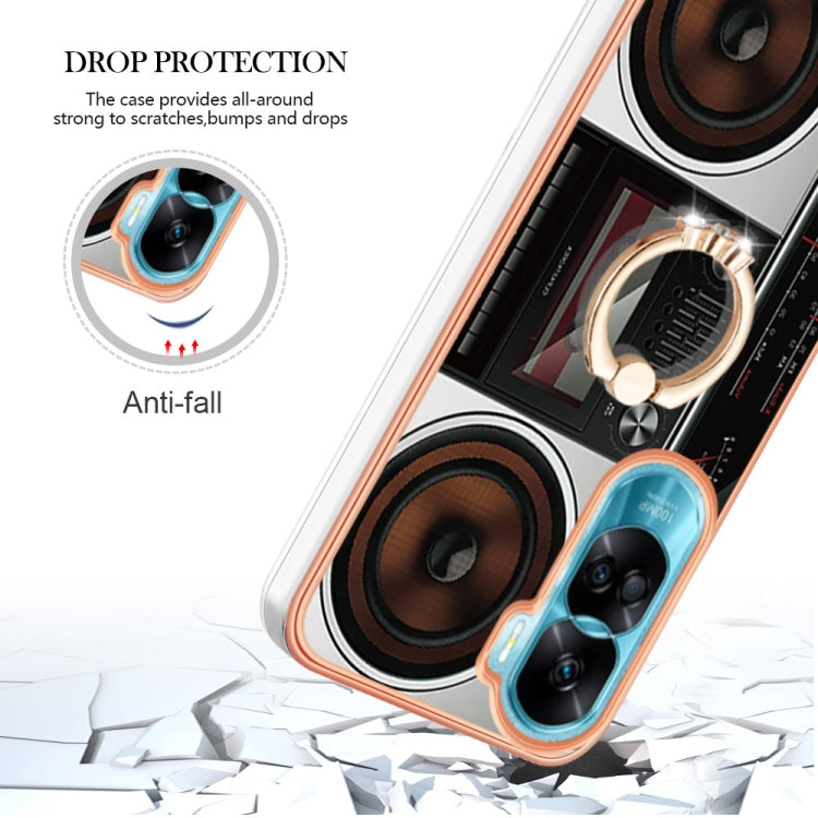 For Honor 90 Lite 5G Electroplating Dual-side IMD Phone Case with Ring Holder(Retro Radio)